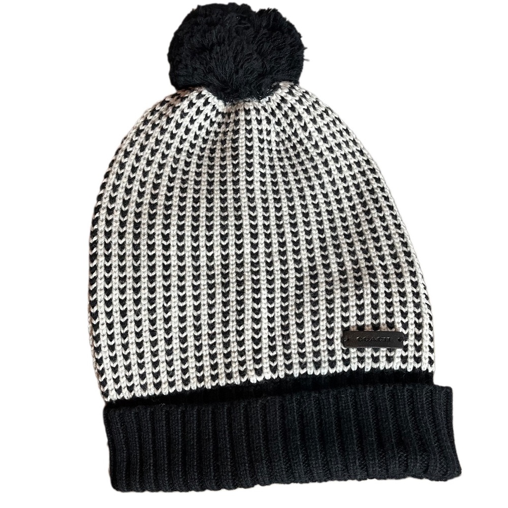 NWOT Coach Beanie Pom Hat Tricolor Tuckst Wool/Cotton Preppy Winter Style Luxury